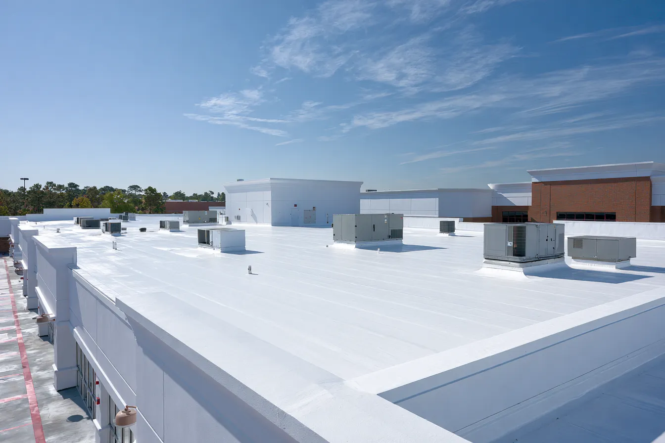 Clear blue sky over a white flat commercial roof lined with HVAC units
