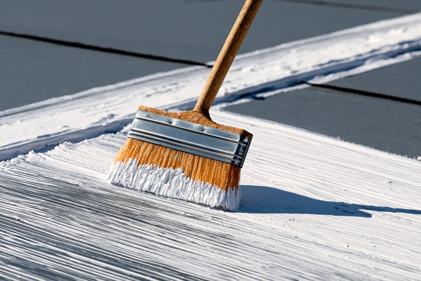 A paintbrush spreads white coating over a granulated roof up close