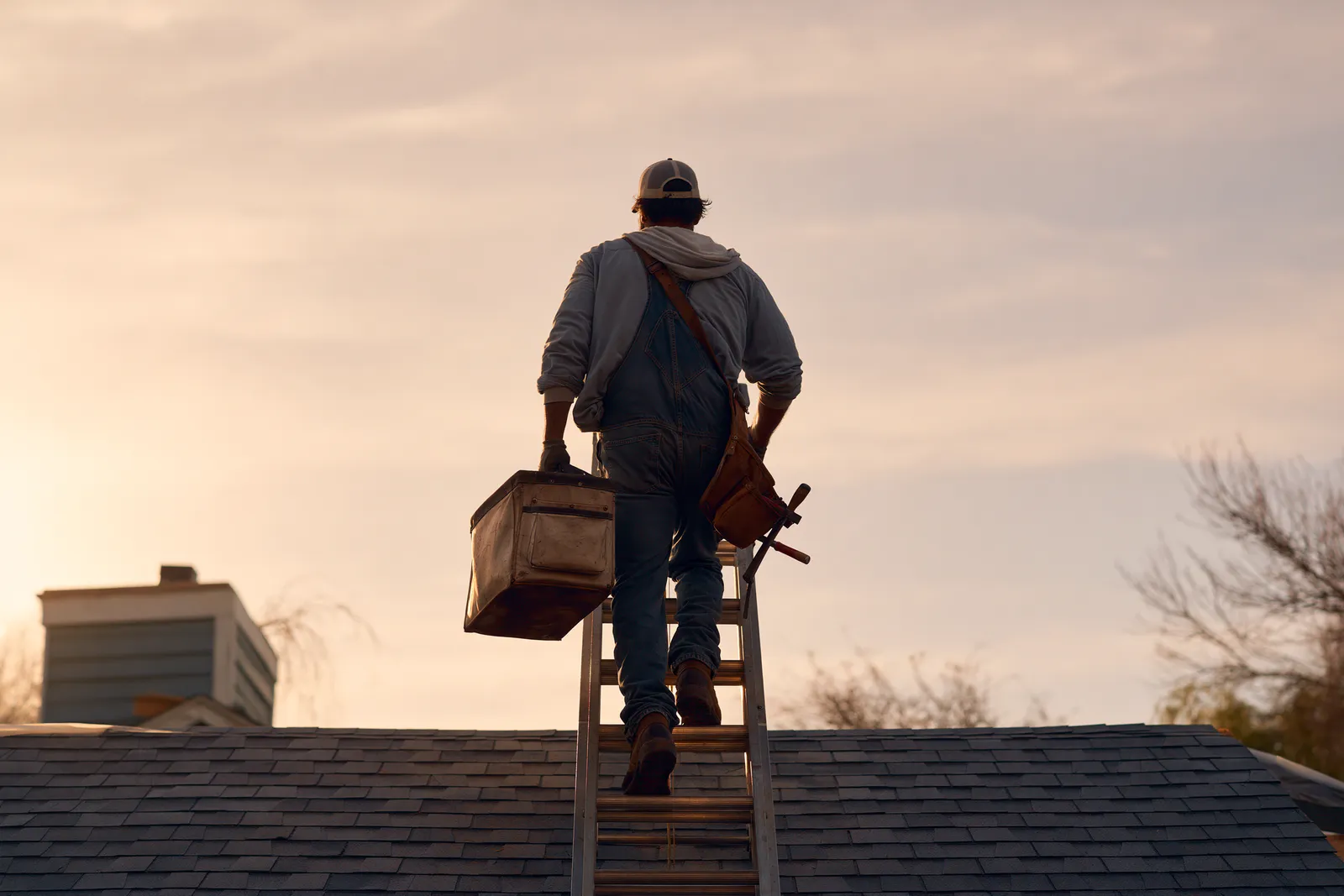 At dusk a roofer climbs a ladder onto a roof with a toolbox