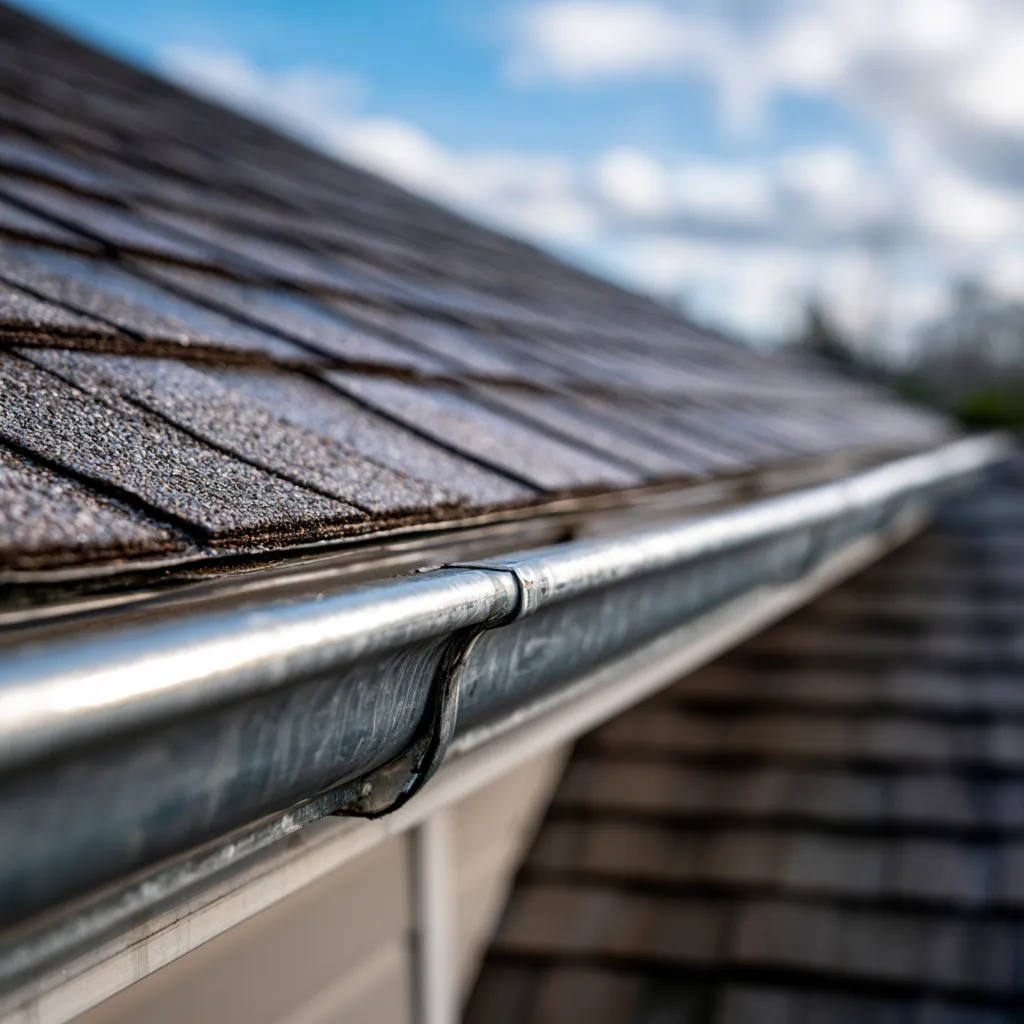 Shingle roof edge above a half round metal gutter