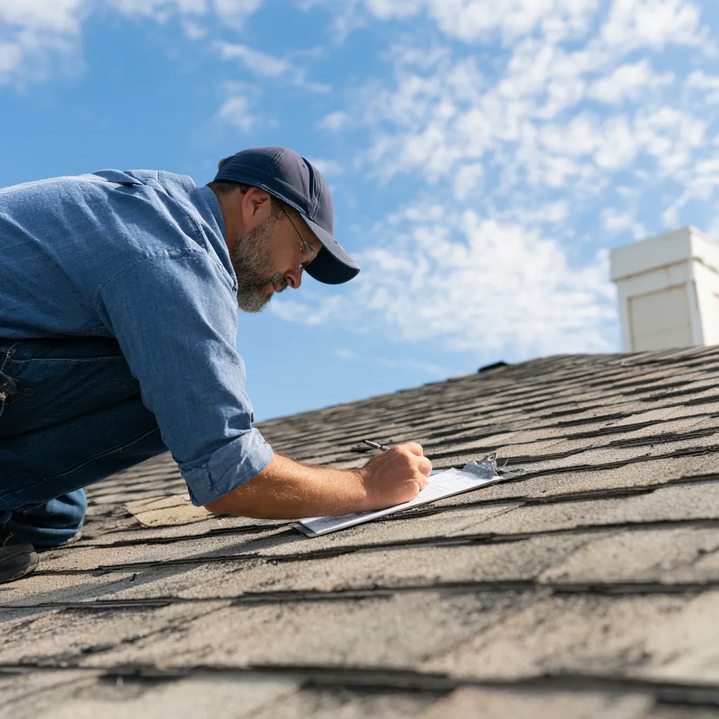 Near a roof chimney an inspector in a cap takes notes