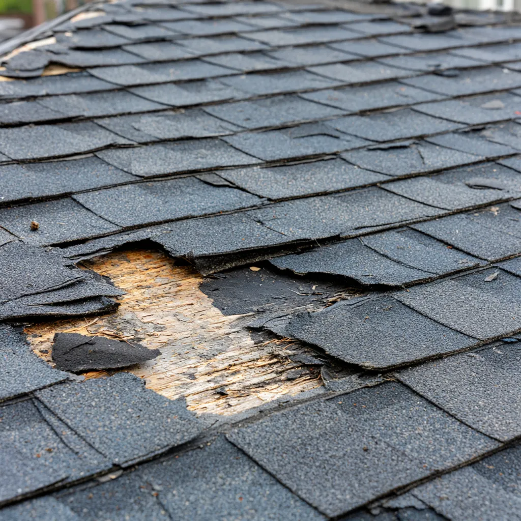 Hole in a shingle roof exposing bare wood and torn felt